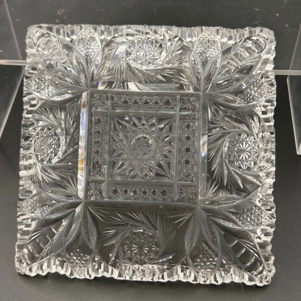 American Brilliant square dish shallow bowl, pinwheel-hobstar-strawberry diamond